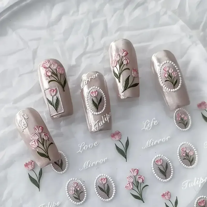 Autocollants pour ongles en forme de fleur de tulipe 5D, 1 pièce, autocollants auto-adhésifs en relief de haute qualité pour filles, décoration d'été