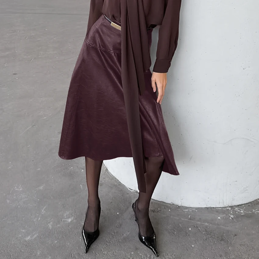 Linad Elegant Wine Red PU Midi Calf Skirts Women Fall Vintage High Waist A Line Skirt 2026 Street Chic Slim Zipper Skirts Female