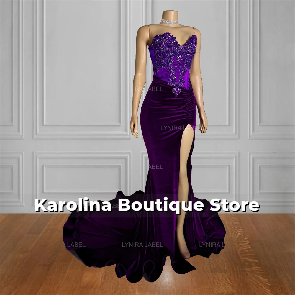 Strapless Dark Purple Velvet Mermaid Prom Dresses High Split Crystal Beading 2024 Birthday Luxury Dress Black Girls Customized