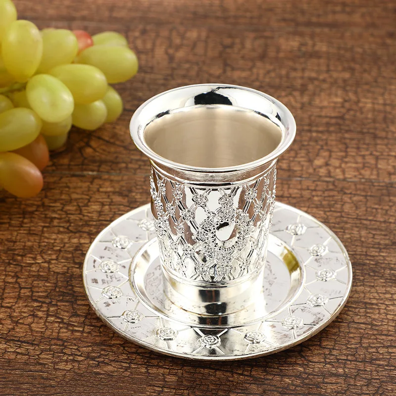 Taza Kiddush chapada en plata, copa de vino niquelada con platillo, taza de vino Judaica Shabbos, paseapa para Shabbat Havdalah,