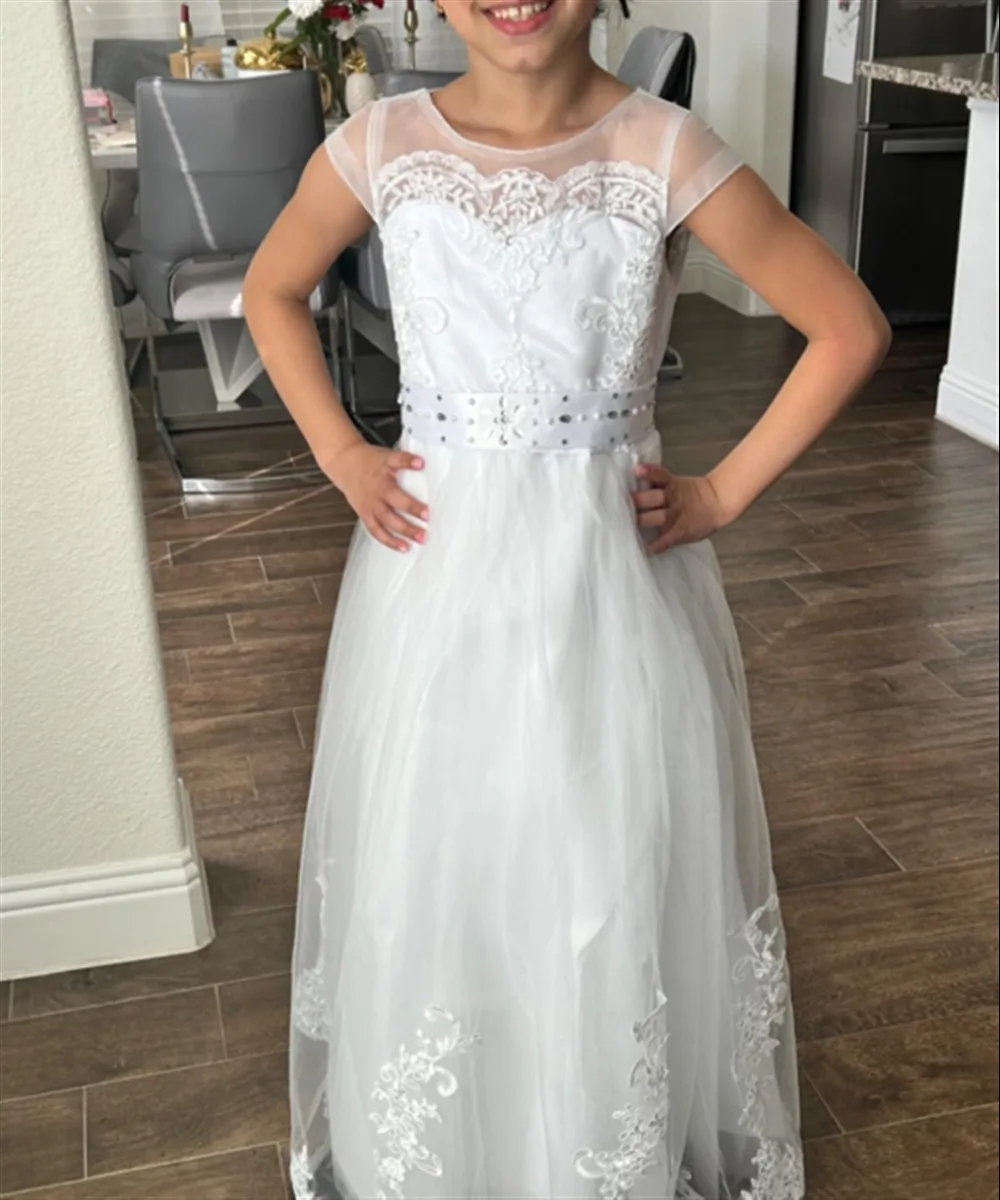 Abito da sposa per ragazza di fiore in pizzo bianco con applicazioni di perline con fiocco Abito da principessa per festa di compleanno Abito da battesimo per prima comunione per bambini