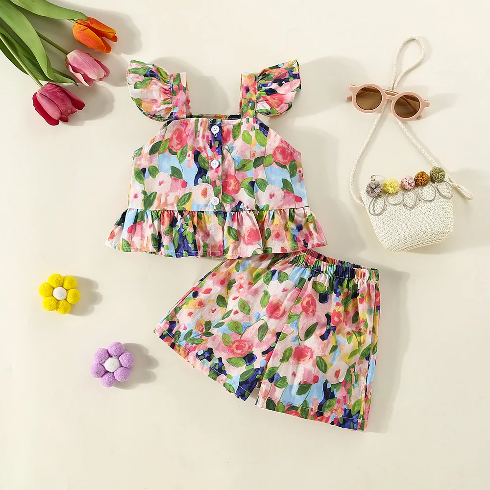 Summer Set 2/Piece Girl Baby Strap+Shorts Girl Cartoon Tulip Printed Small Flying Sleeve Strap Top