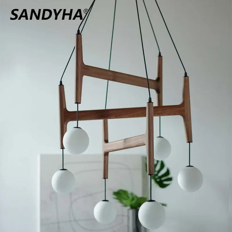 

SANDYHA Nordic Wood Art Pendant Lights Glass Ball Design Hanging Chandeliers for Living Room Decor Dining Table Lighting Fixture
