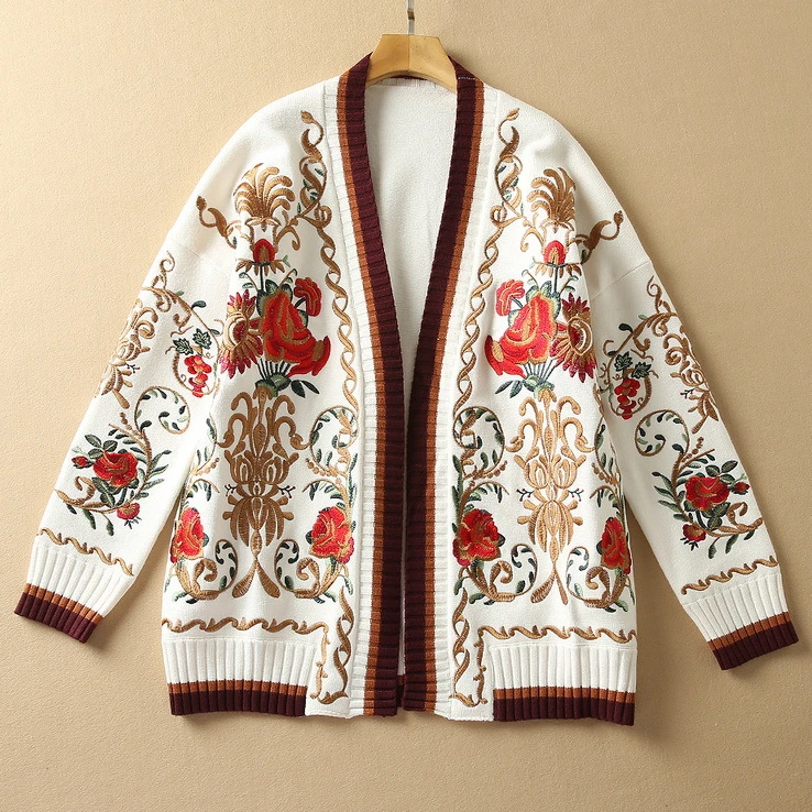 

TEELYNN Floral Embroidery Women's coat outerwear cardigan Vintage Long Sleeve Sweaters Warm Autumn Winter loose wool sweater