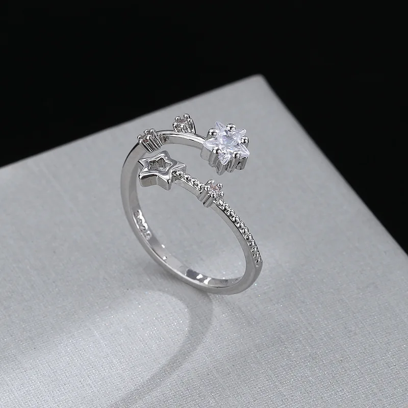 CIAXY Silver Color Hollow Five-pointed Star Rings for Women Flower Vine Adjustable Ring Inlaid Zircon Wedding Jewelry
