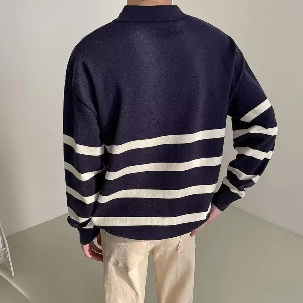 Ribbed Collar Sweater Men's Colorblock Striped Sweater with Turn-down Collar Knitted Loose Pullover