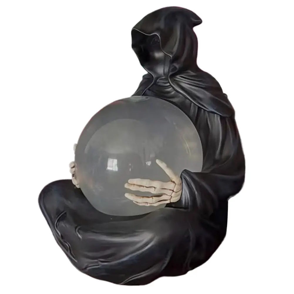 

LED Halloween Decoration Crystal Ball USB Charging Grim Reaper Water Globe Resin Spooky Sculpture Ornament for Desktop Decor