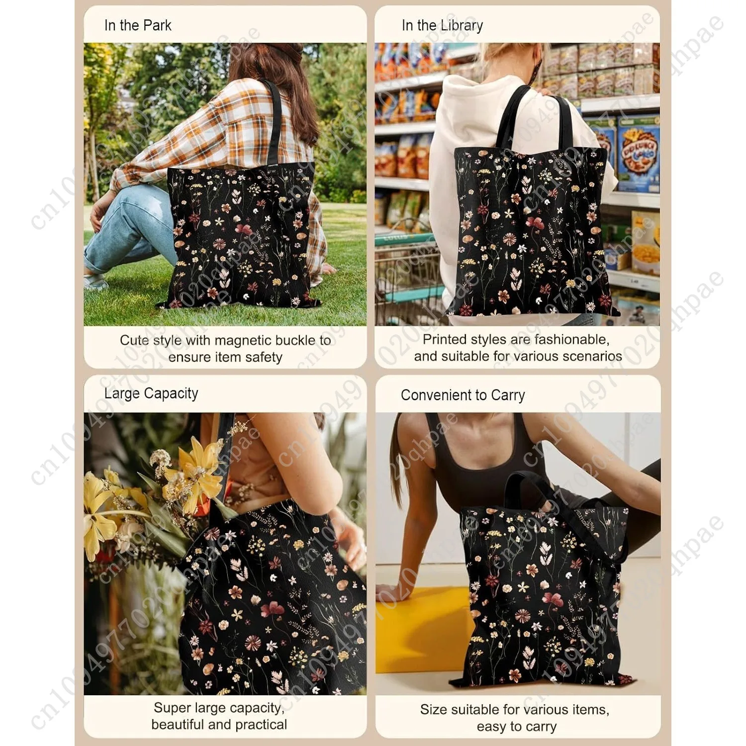 Canvas Tote Bag for Women – Aesthetic Canvas Bag with Zipper Cute Stylish Reusable Shoulder Totes for Shopping Work Daily Vacati