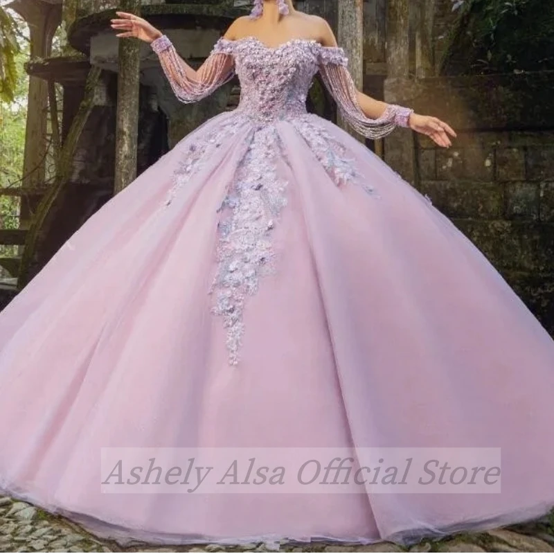 AA95 Customized Lilac Tassel Sleeve Quinceanera Dress Prom Party Crystal Floral Mexican Vestido De Festa De aniversário de 15