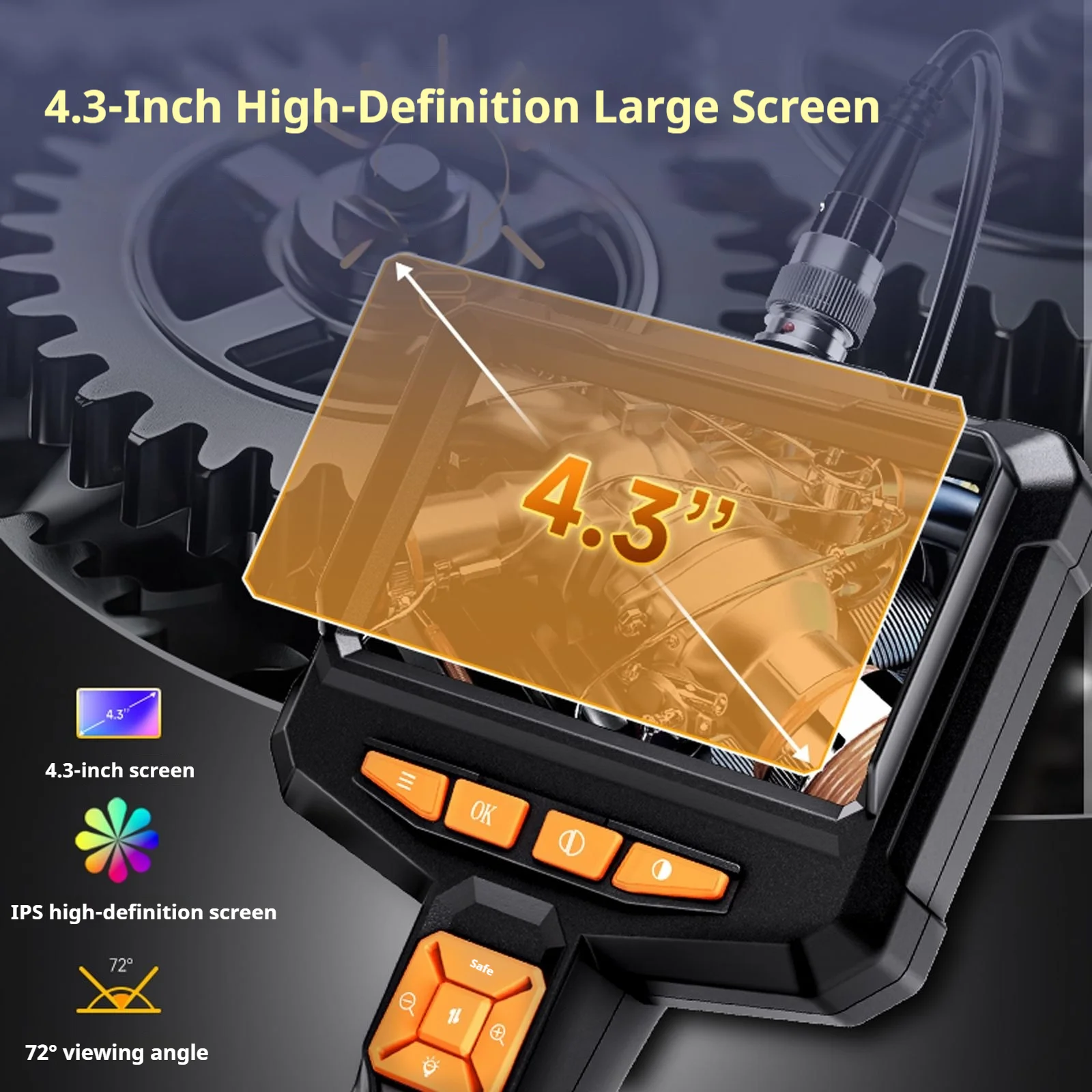 Endoscope Camera with Light 4.3" IPS Screen 1080P HD 8 LED Lights IP67 Waterproof 16.4FT Semi-Rigid Cord for Automotive Sewer