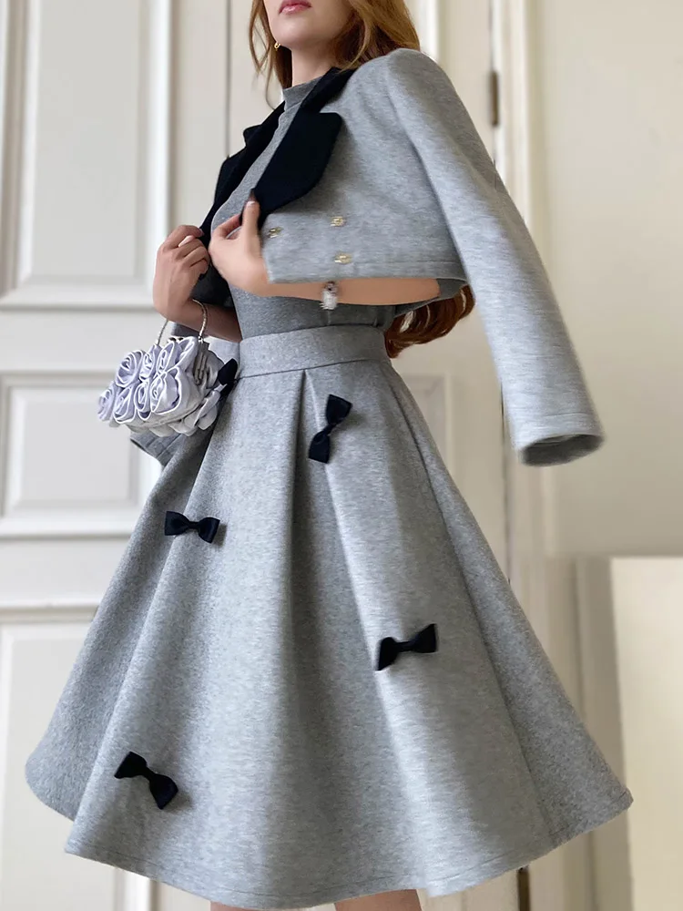 Dabuwawa 2 Piece Sets Bow Short Coat Luxury Women 2023 New Collection Slim Skirt Korean Reviews Many Clothes Suiting DM1DSE002