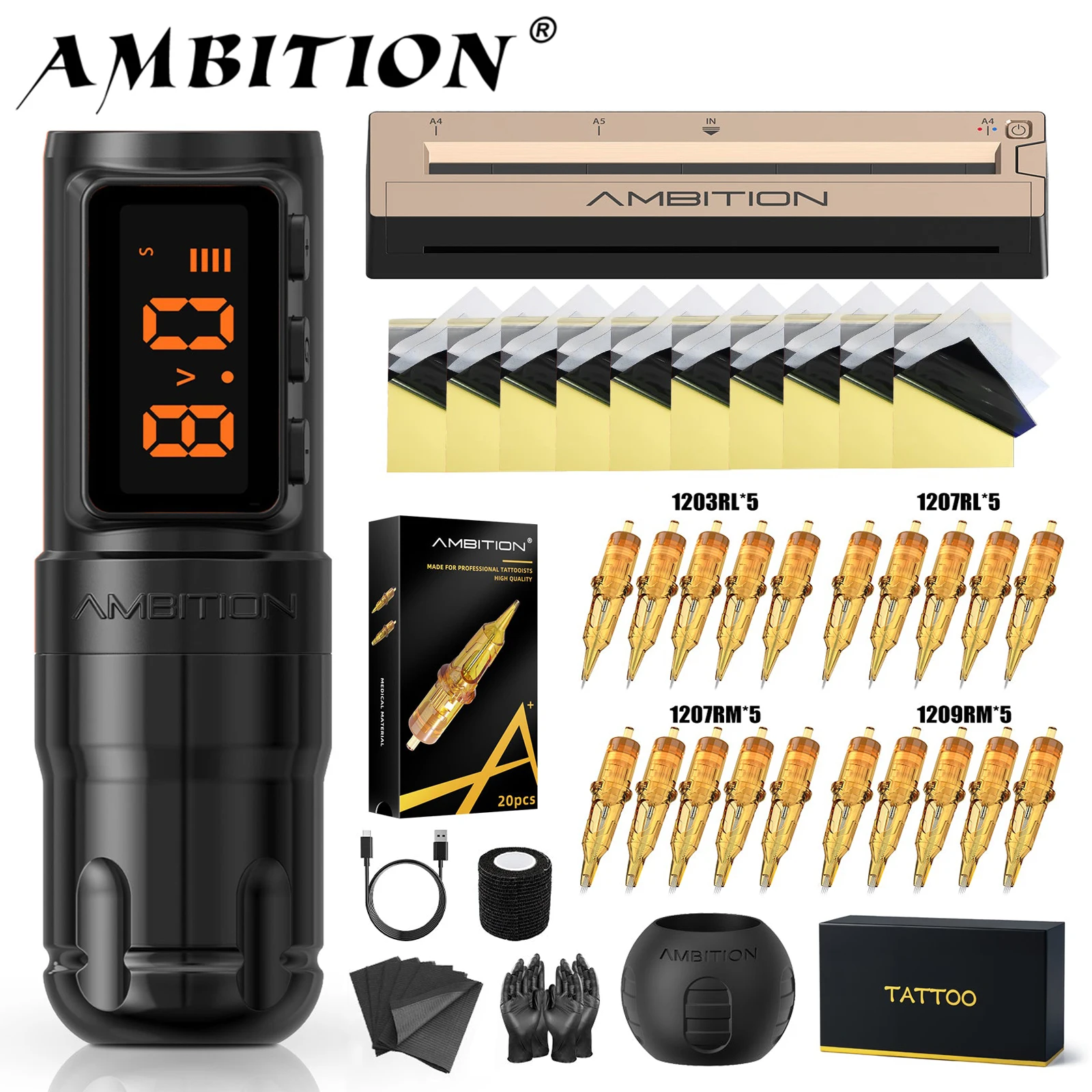 Ambition Bolt-X Set Tattoo Machine Pen Kit with Wireless Battery Tattoo Thermal Printer Transfer Permanent Makeup Tattoo Gun