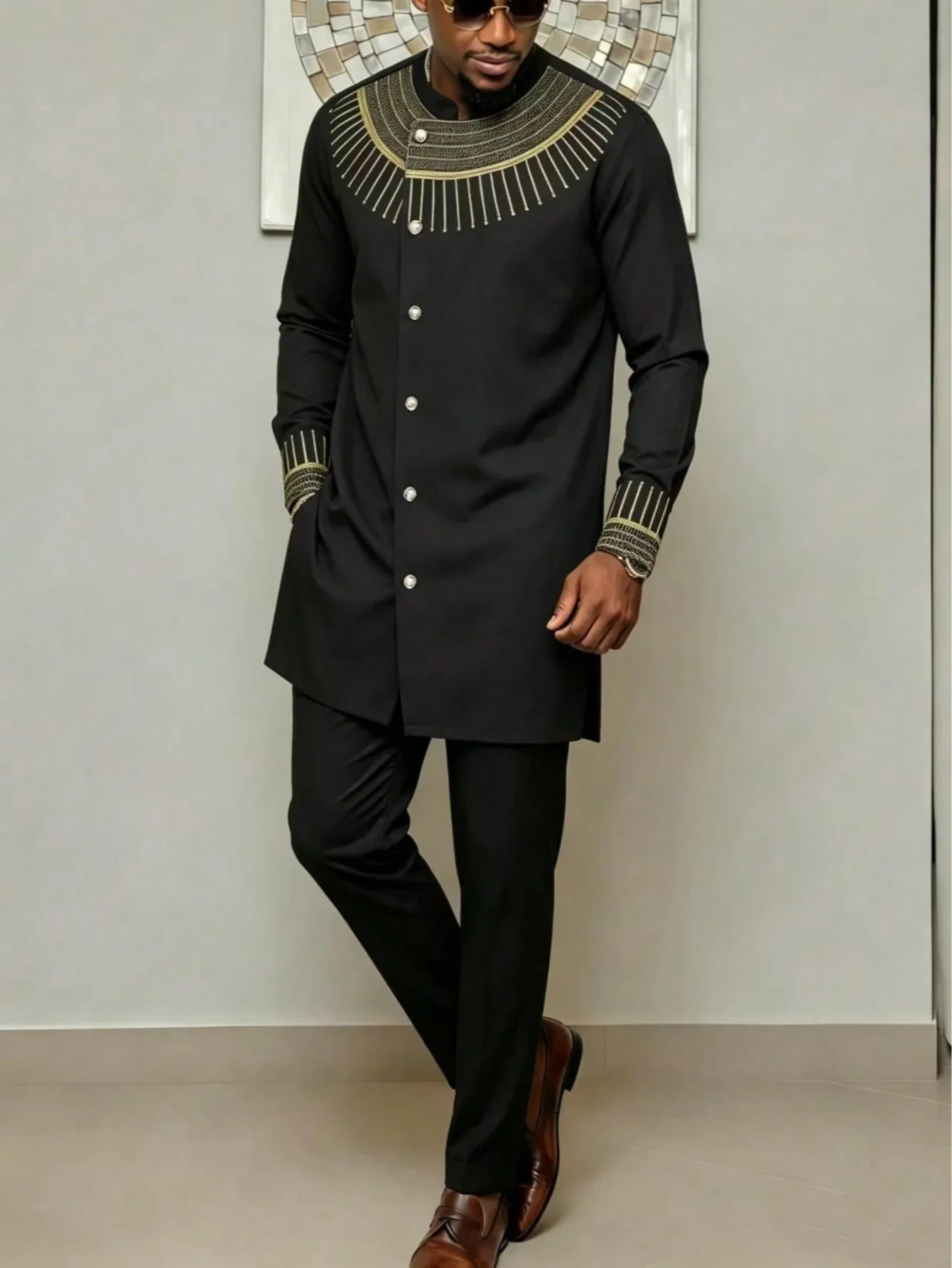 Dashiki African Clothes for Men Spring Autumn African Long Sleeve Black Polyester 2 Piece Top Long Pant Matching Sets Outfits