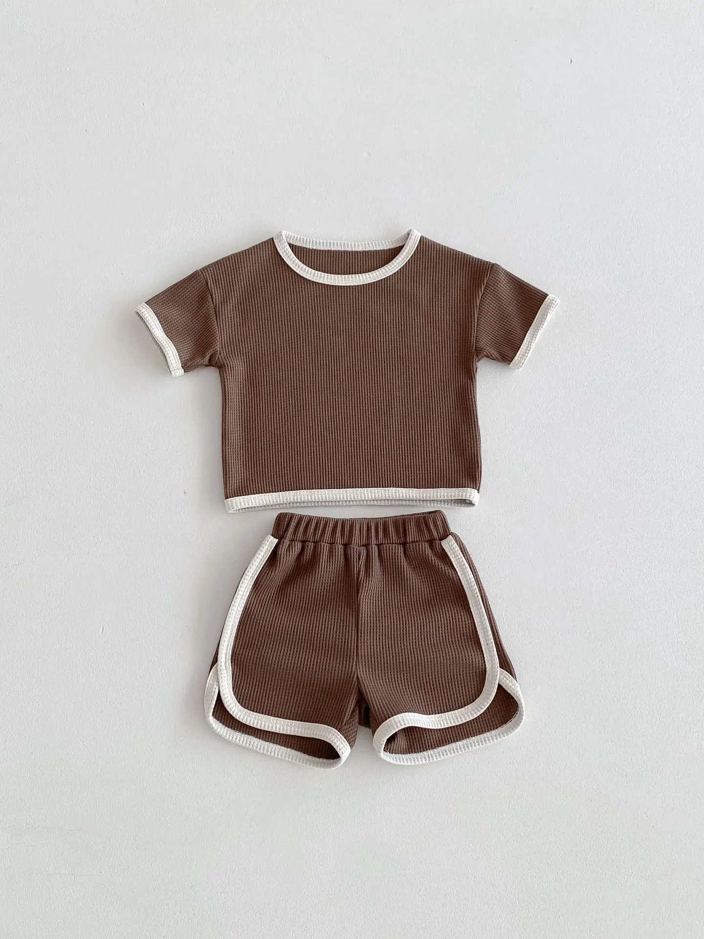 Summer Kids Waffle Tracksuit Boy Girl Children Thin Cotton Short Sleeve Tops + Shorts 2pcs Baby Casual Comfortable T-shirt Suit