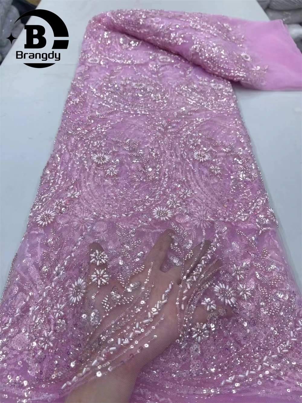 

Fashion Pink African Groom Lace Fabric Luxury French Nigerian Sequin Bride 2024 High Quality Beaded Tulle Lace Fabric Party Wome