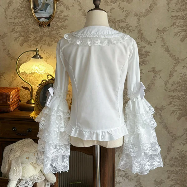 Japanese Lolita Style White Blouse Women Vintage Bow Flare Sleeve Shirt Summer Y2k Aesthetic Lace Patchwork Tops JK Loose Blusas