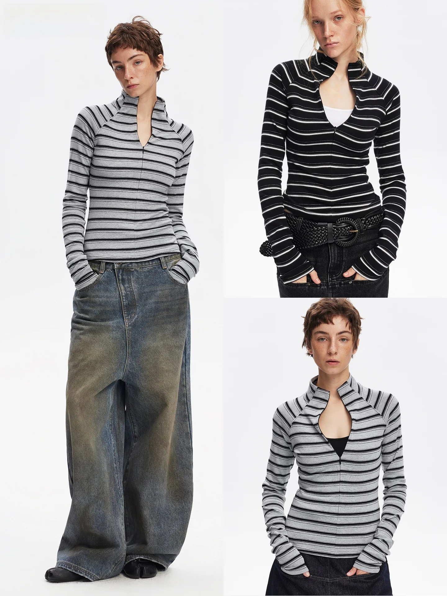 

Slim Fit Long Sve Knitwear Zipper Base irt Stripe Contrast Color Casual Sle Cotton Polyester Spandex Blend Women's Top