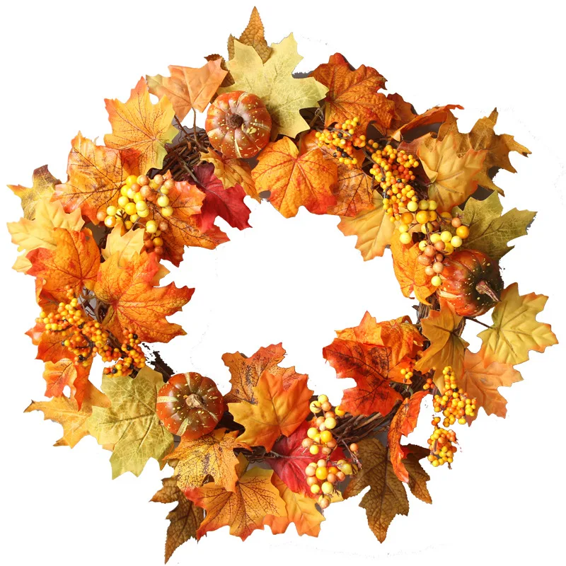 

Harvest Festival 50CM Maple Leaf Wreath Thanksgiving Day Window Door Hanging Rattan Decorations Pine Cones Berries Autumn Harves