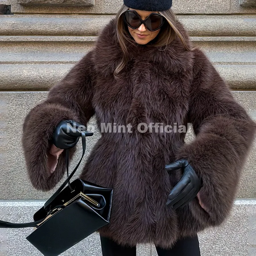Neo Mint Trendy 2026 Winter Hot Chocolate Brown Peplum Fur Jacket Women Vintage Fashion Fluffy Faux Fox Fur Coat Long Outerwear