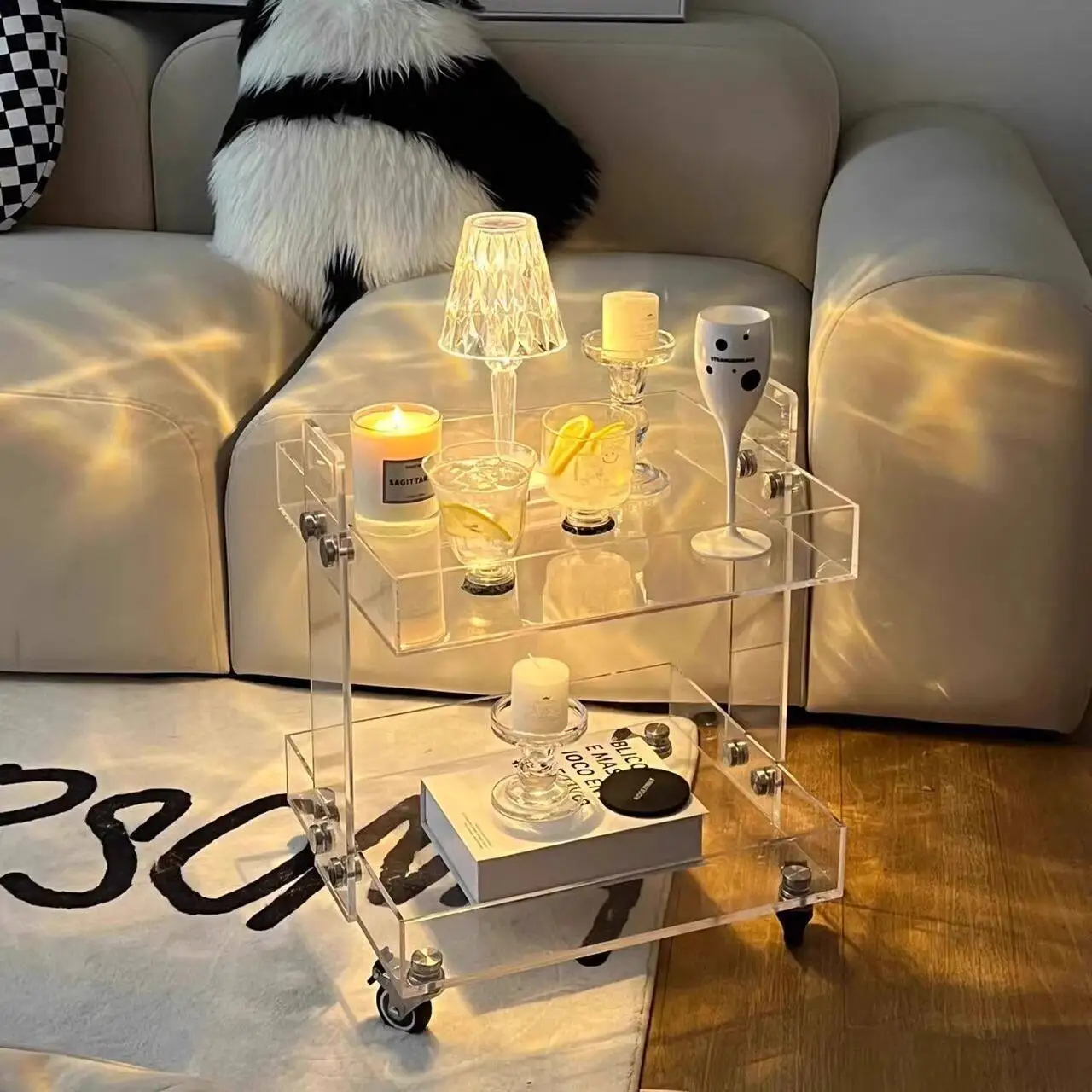 Acrylic edge, few corners, few Ins wind, transparent movable trolley, bedside table, light luxury tea table, multi-layer shelf