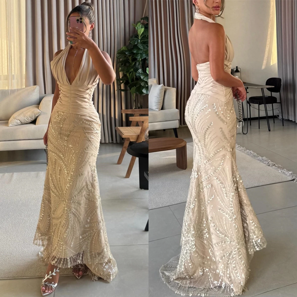Customized Simple khaki Organza Evening Dress Formal Halter Sleeveless Celebrity Gowns Classic Sequined Backless Party Dresses