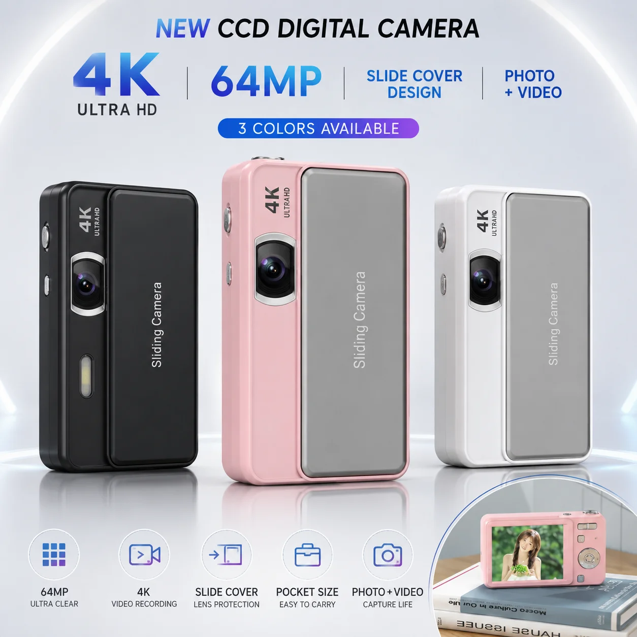 CCD 4K Ultra HD Sliding Cover Digital Camera Student Compact Camcorder Photo Video All in One Portable Pocket Camera for School