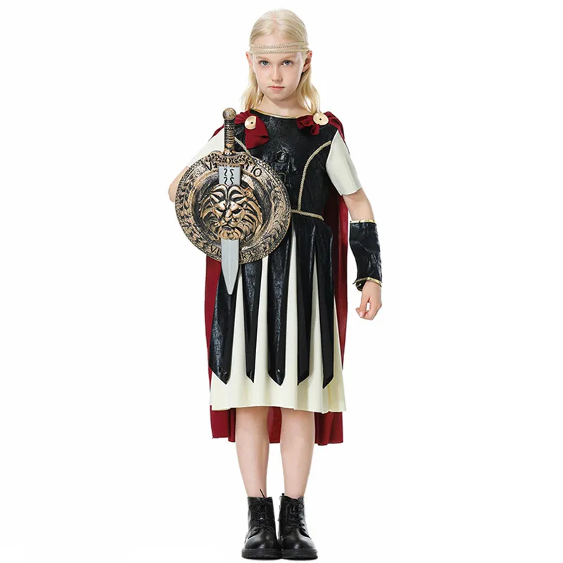 Girls Halloween Rome Spartan Female Warrior Costumes Kids Children Gladiator Cosplay Carnival Purim Stage Role Play Party Dress