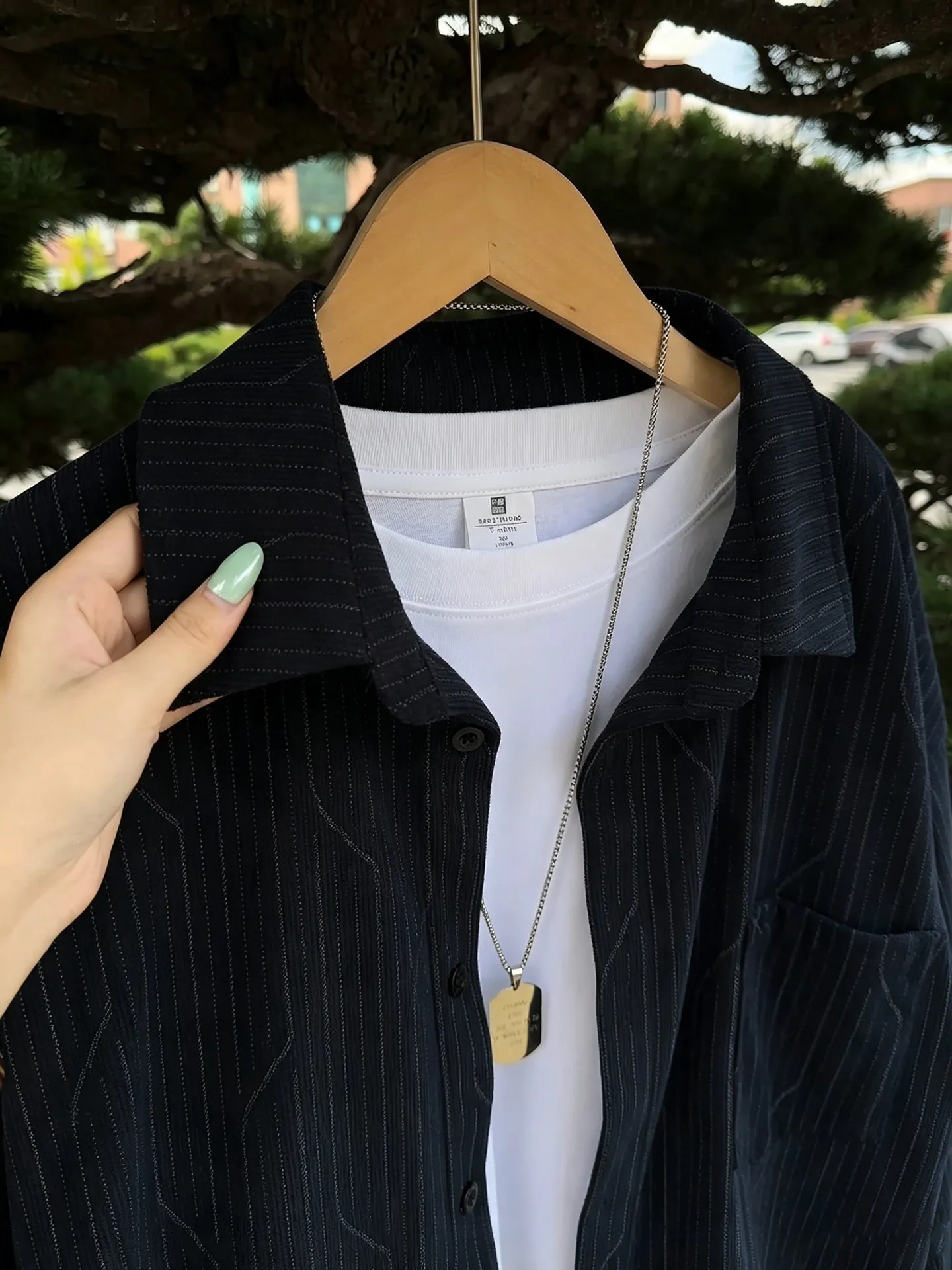Tall Men's Blue Striped Long Sleeve Shirt Casual Style Spring Autumn Vintage American Design Inner Wear Layering Coat Jacket