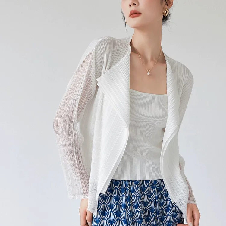 Fold Miyake Pleated Outerwear Womens White Sheer Open Front Drape Collar Long Sleeves 2026 Summer Gorgeous Charming Must-Have