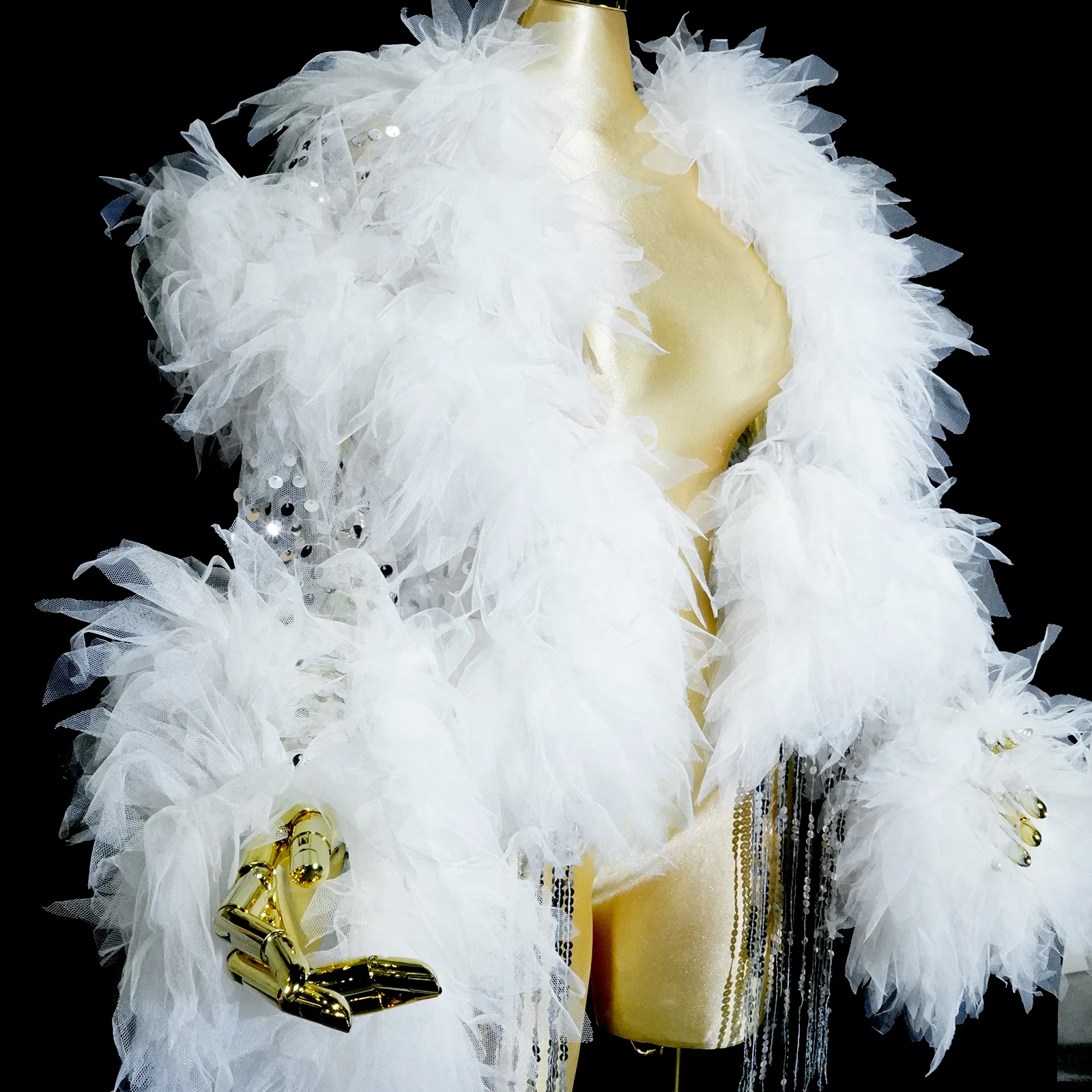 Przezroczysty płaszcz z siateczki, białej koronki i frędzli, elegancki strój na studniówkę, taniec, dla piosenkarki, na scenę, na wieczorne przyjęcie, urodziny, do klubu nocnego.