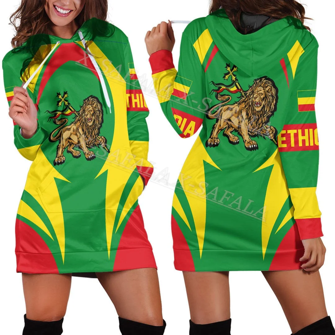 

Ethiopia Color Lion Country Emblem National Flag 3D Print Autumn Hoodies Dress Women Casual Wear Long Sleeve Hooded Dress-7