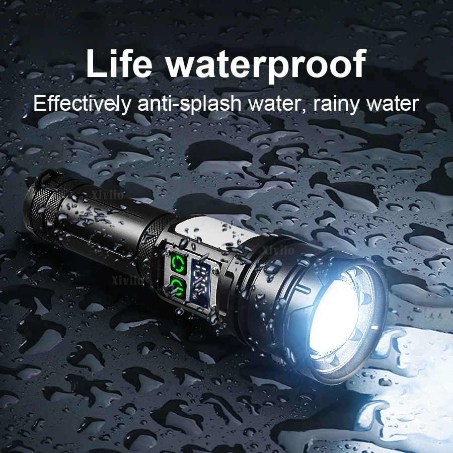 Senter LED Genggam Isi Ulang 180000LM dengan Zoom, Lampu Samping COB Merah, Lampu Peringatan, Tahan Air untuk Berkemah di Luar Ruangan