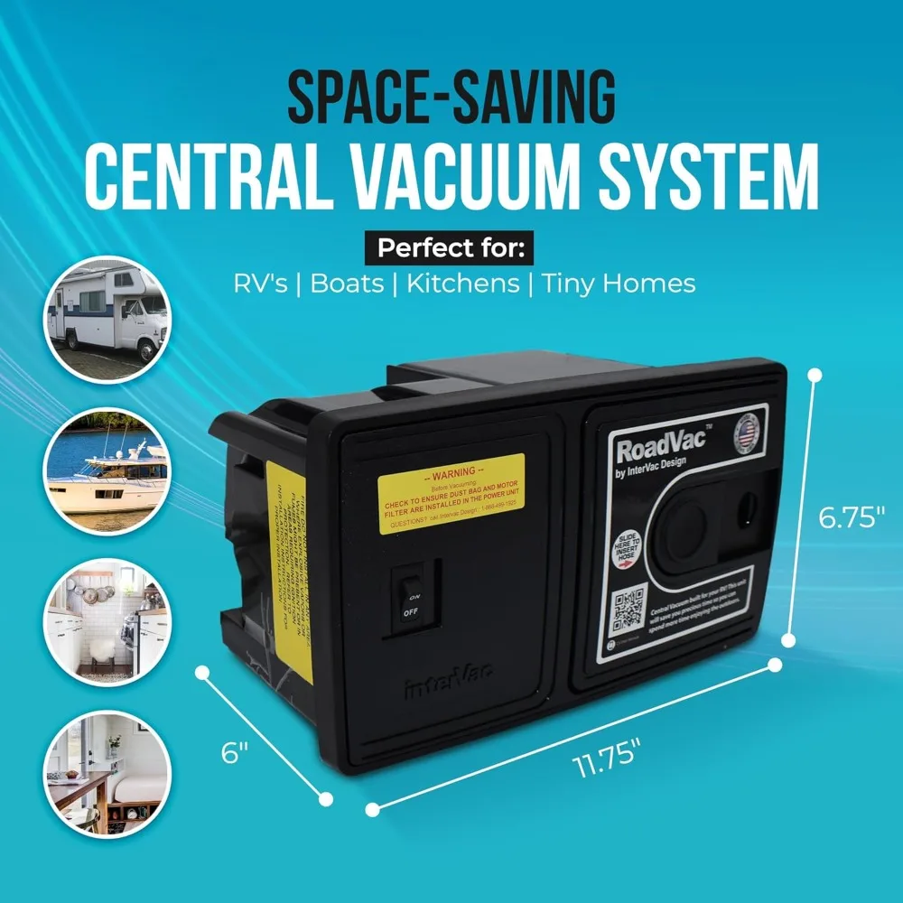 Sistema de vacío central – Unidad compacta de montaje en pared con manguera elástica de 35' y herramientas – Filtración tipo HEPA para vehículos recreativos, barcos y hogares pequeños