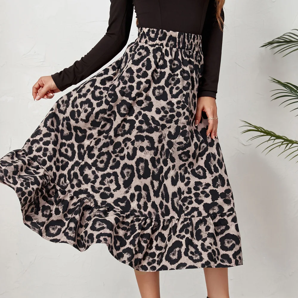 Women\'s Hot Selling Sexy Leopard Print High Waisted Skirt with Loose and Large Swing Long Skirt for Women