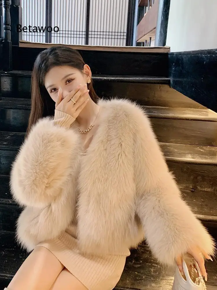 Fluffy Plush Faux Fur Short Coat For Women Open Front V Neck Long Sleeve Loose Warm Outerwear For Different Winter Occasions