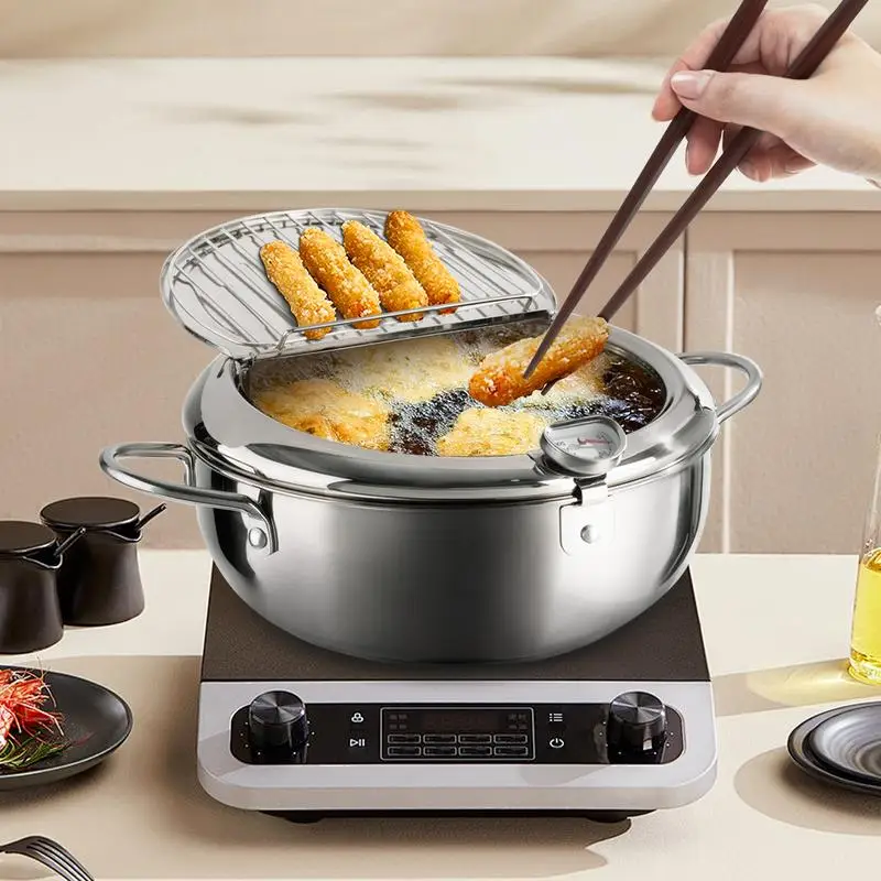 

11" Stainless Steel Tempura Fry Pot with Lid, 4.2L Deep Fryer with Temp Control & Oil Drip Rack for Fries, Chicken & More