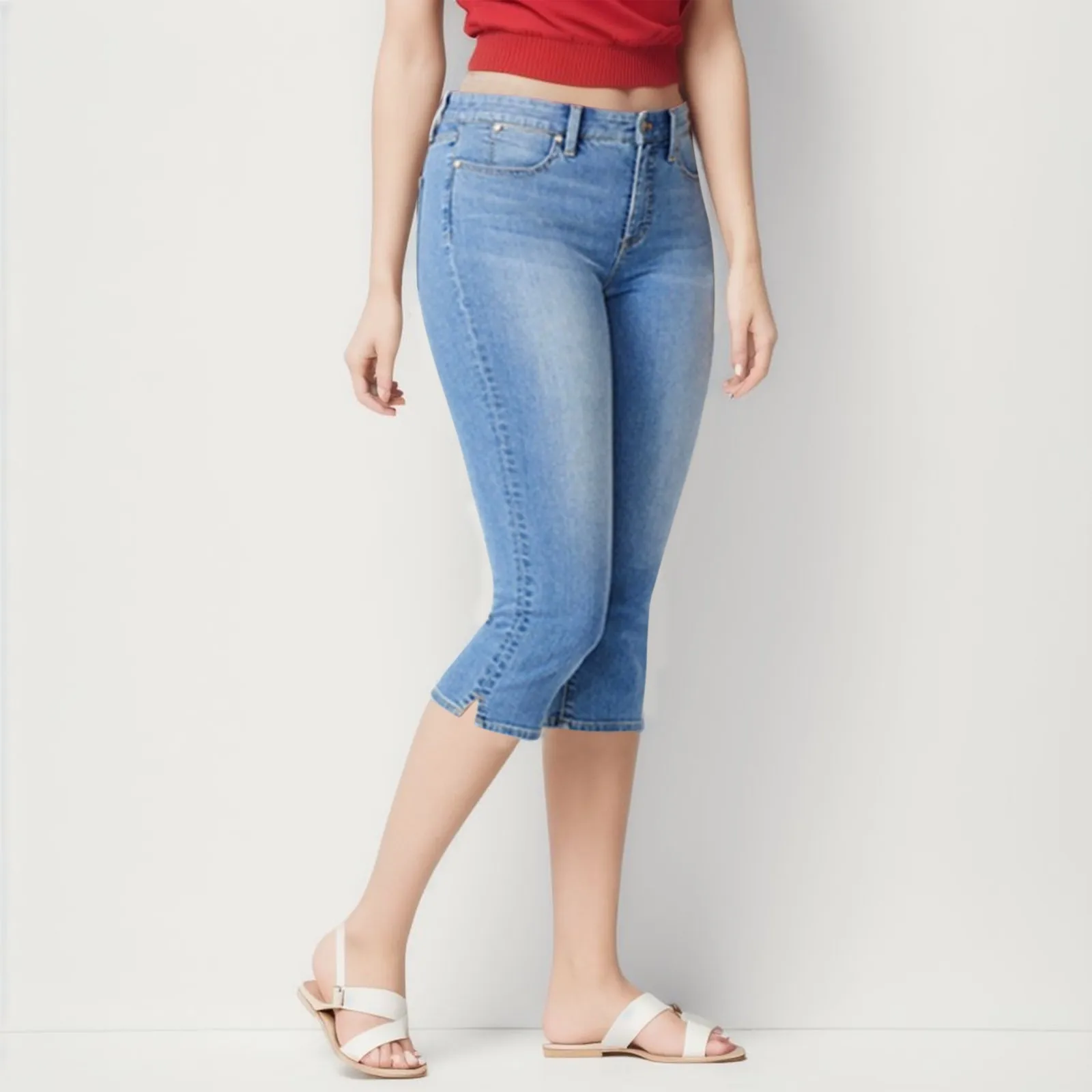 

Woman's Cropped Jeans 2024 Light Blue Button High Waist Summer Casual Stretch Shorts Butt-Lift Skinny Knee Length Denim Trousers