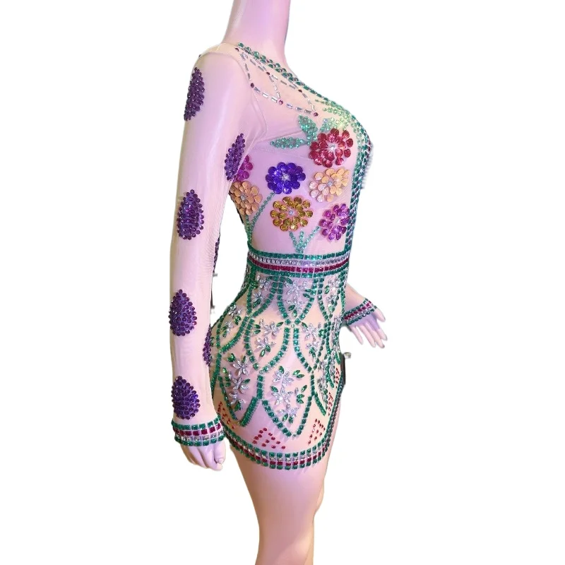 Sparkly Luxury Rhinestones Mesh See Through Cut Out Sexy Mini Dress Party Club Birthday Evening Celebrate Prom Gowns Stage Wear