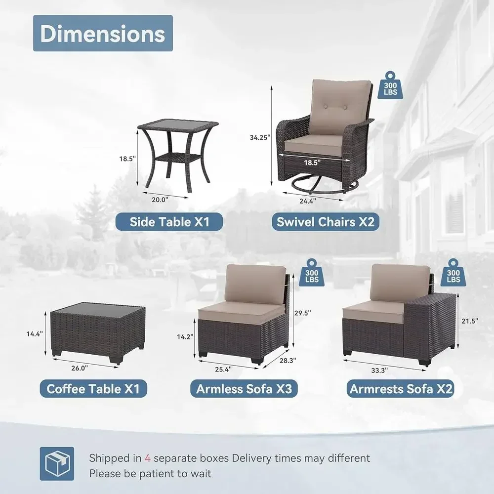 9-Piece Outdoor Patio Furniture Set with Rattan Wicker Sofa, Swivel Rocking Chairs, and 4-Inch Cushions in Sand Color