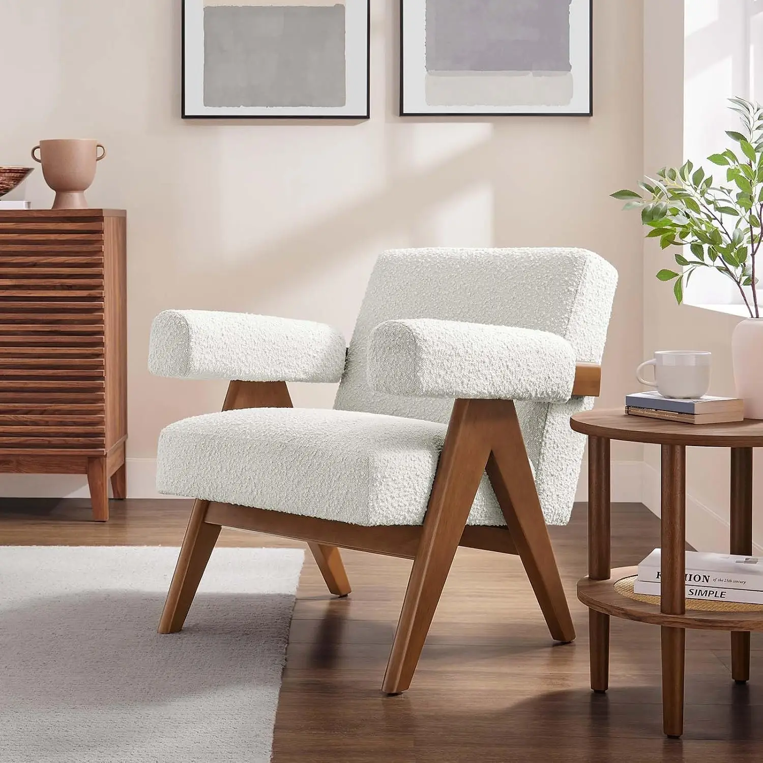 Boucle Fabric Armchair, Ivory, Mid-Century Modern Accent Chair for Living Room Bedroom, Customized