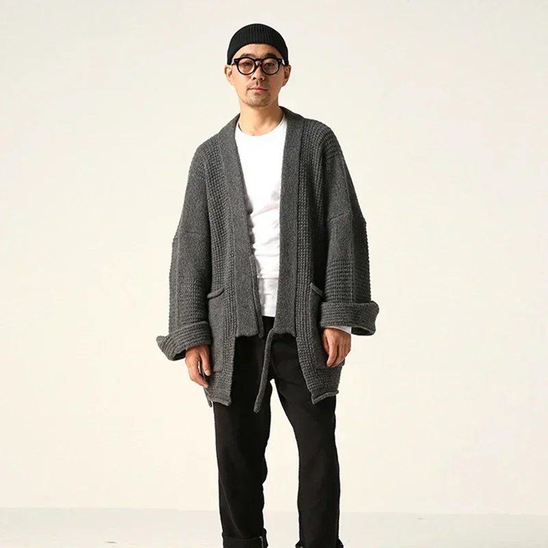 

Ежегодный брендовый серый вязаный свитер с v-образным вырезом на шнуровке и длинными рукавами для мужчин, японский винтажный кардиган, пальто, вафельный халат кендо