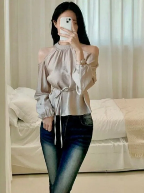 Korean Style Sweet Gentle Women's Long Sleeve Shoulder Bared Shirt Fashionable Neck Hanging Design Side Tie Waist Inning Spring