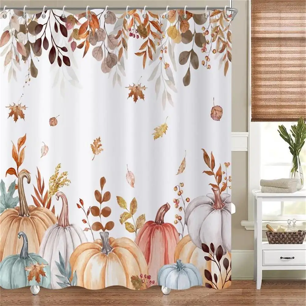 Autumn Pumpkin Shower Curtain Watercolor Fall Pumpkins with Gold Branches Falling Leaves Harvest Thanksgiving Day Bathroom Decor