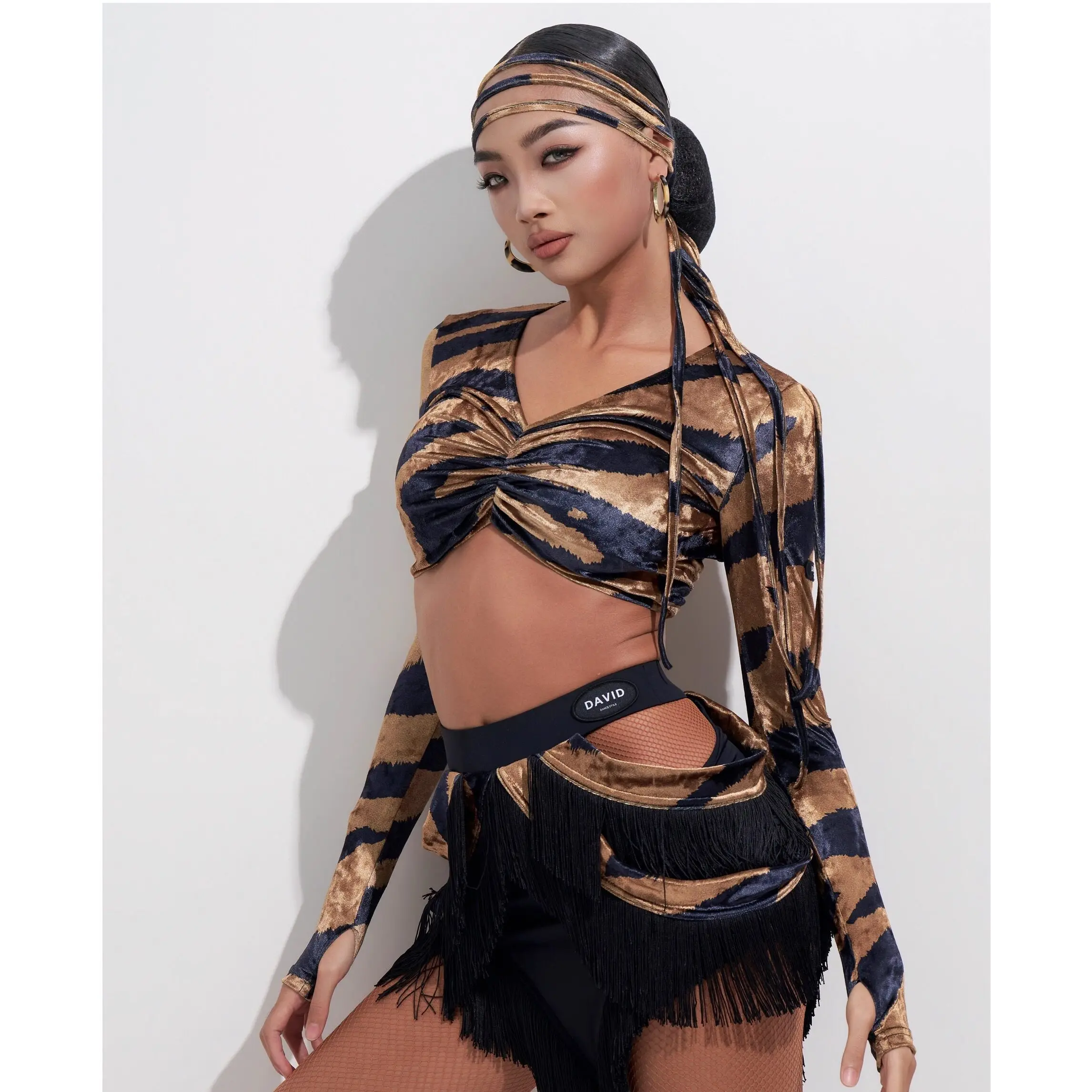 SW Latin Dance New Premium Elegant Adult Women's Leopard Print Crop Top & Fringe Skirt Set for Performance & Practice Outfit