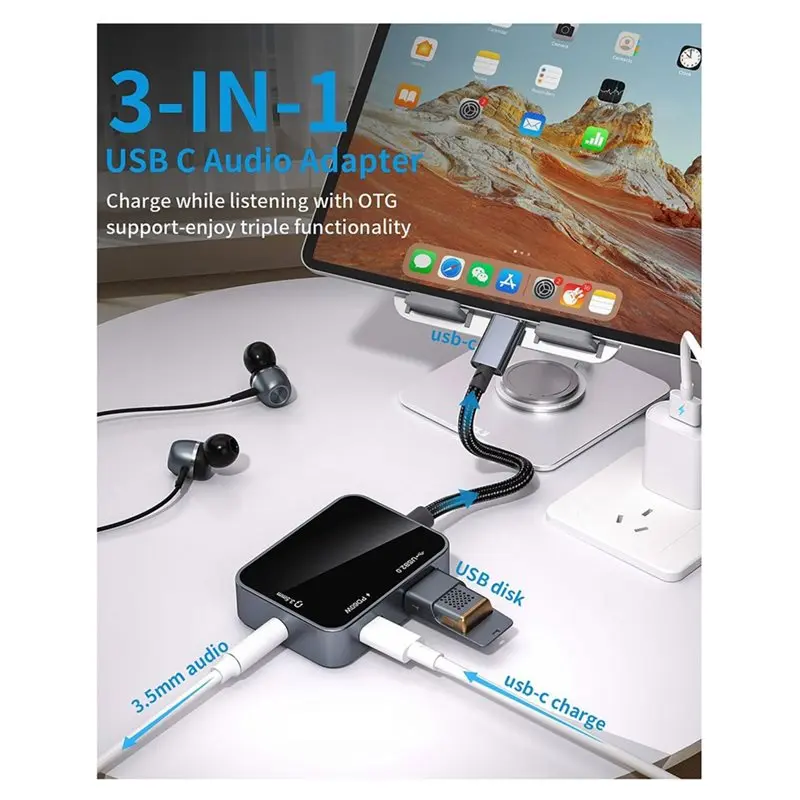 B63B-USB C To 3.5Mm Audio Adapter USB C Headphone Adapter With USB OTG Data Port & 60W PD Charging Converter