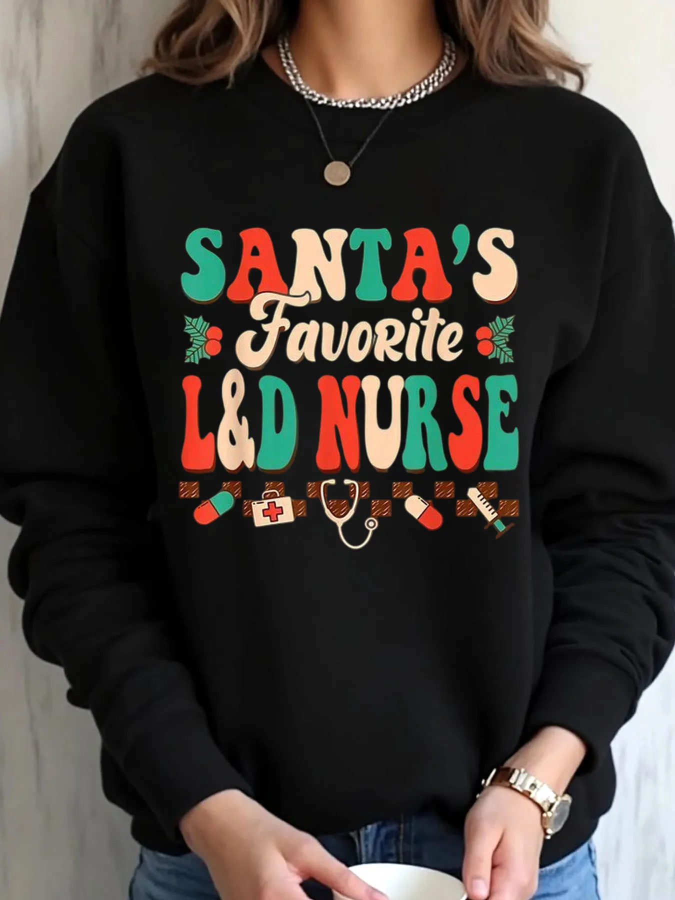 Women Oversized Sweatshirt Christmas Santa Favorite L&D Nurse Print Outdoor Wear