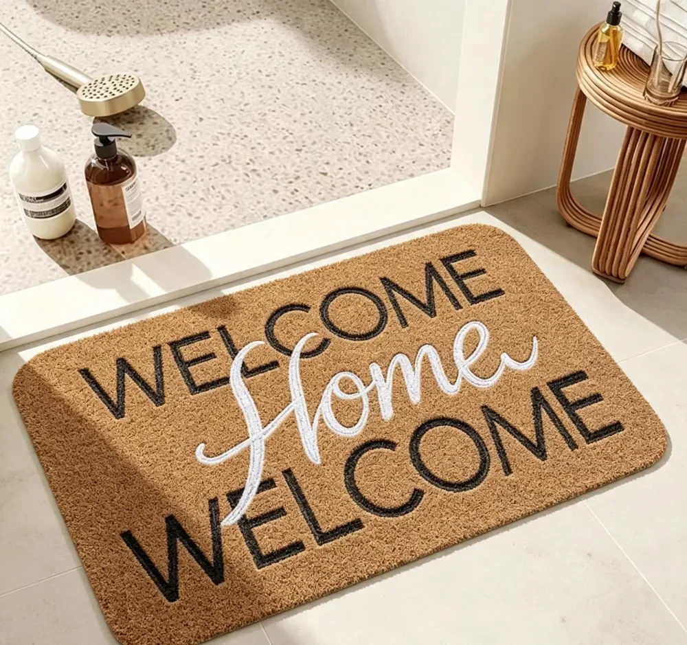 Welcome Home Coir Mat Black White Script Text Non Slip Natural Fiber Entrance Rug For Modern Entryway Bathroom Decor