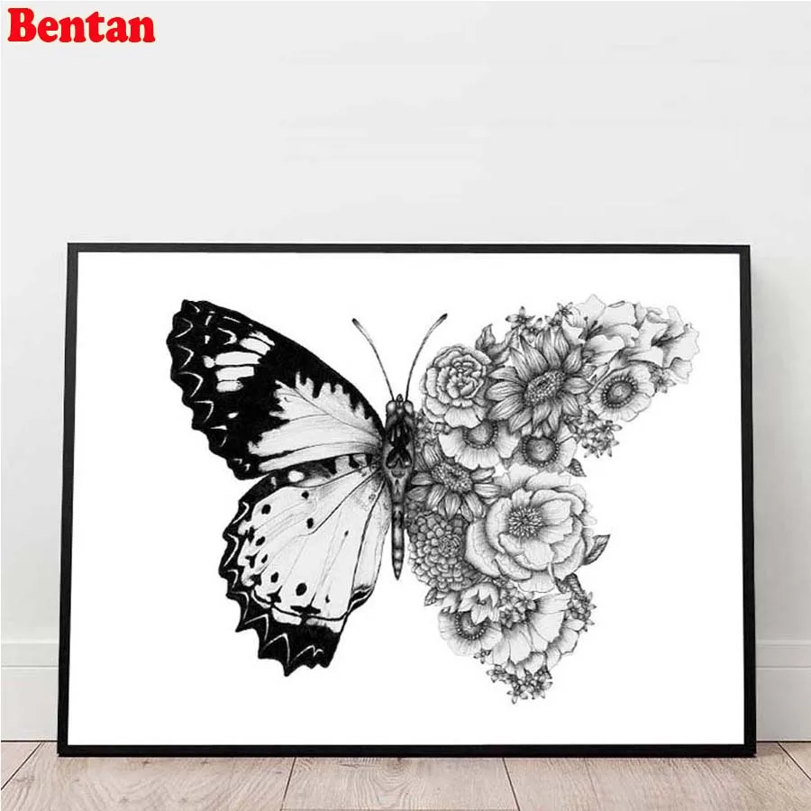 5D DIY Diamond Full Square Drill Butterfly Flower Painting Rhinestone Embroidery Mosaic Pictures Cross Stitch Black White Art