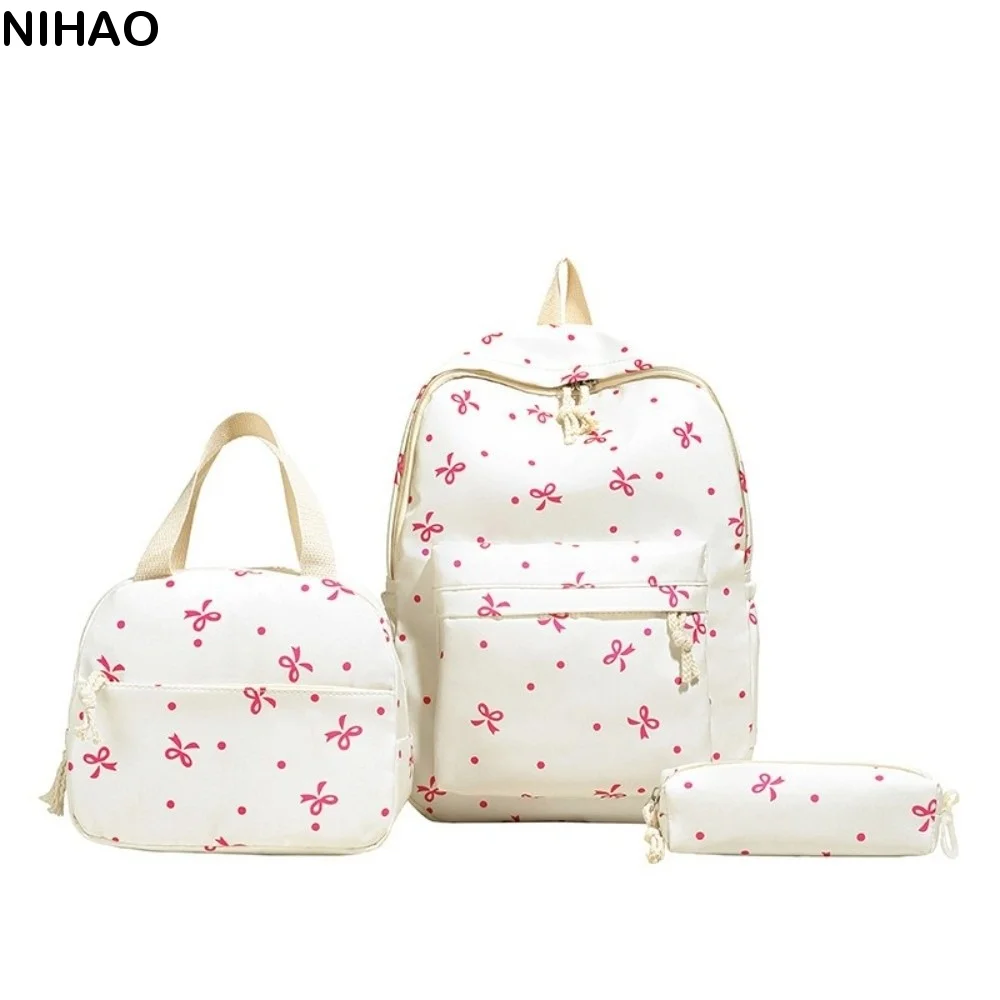 Daypack Three-piece School Bag Set with Pen Bag Handbag Nylon Bow Backpack Large Capacity Durable Students School Bag