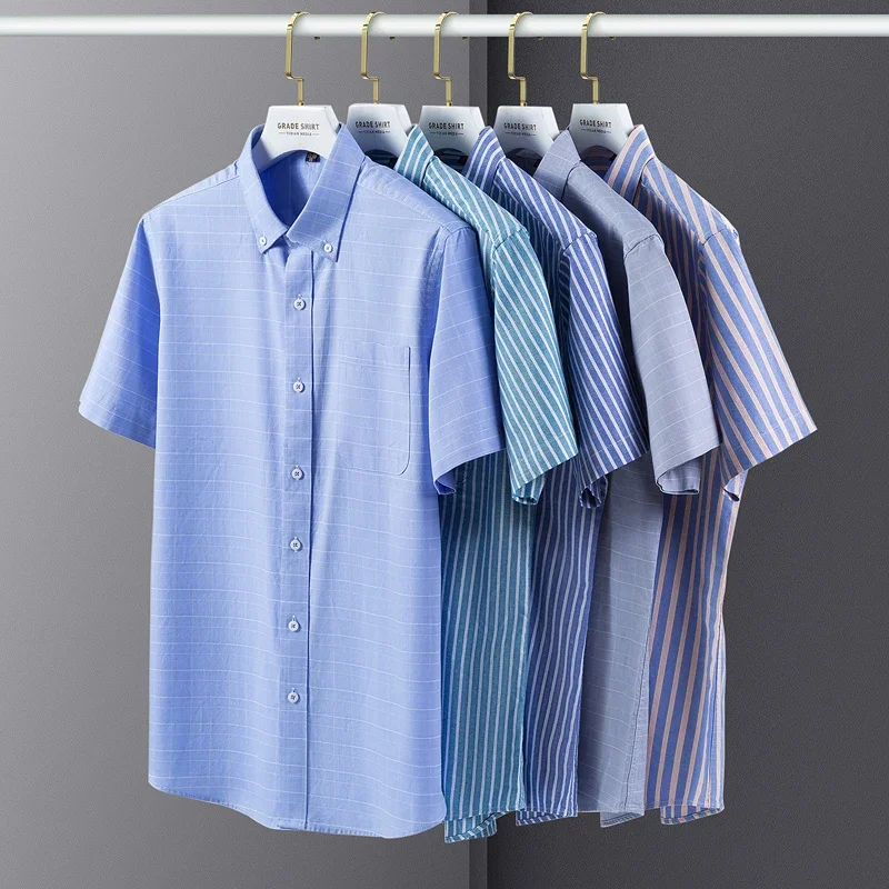 Men Summer Oxford Pure Cotton Short Sleeve Dress Shirts Male Slim Social Business Blouse Shirts Solid Color High Quality